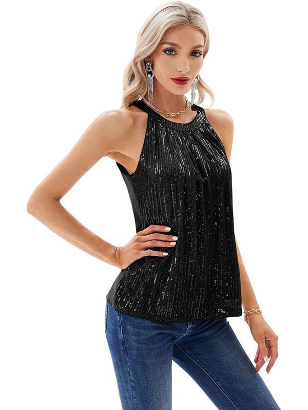 Women's Solid Color Sequined Halter Tank Top - Blu Pepper Boutique