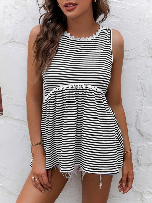 Ladies Lace Panel Crew Neck Striped Knit Tank Top - Blu Pepper Boutique