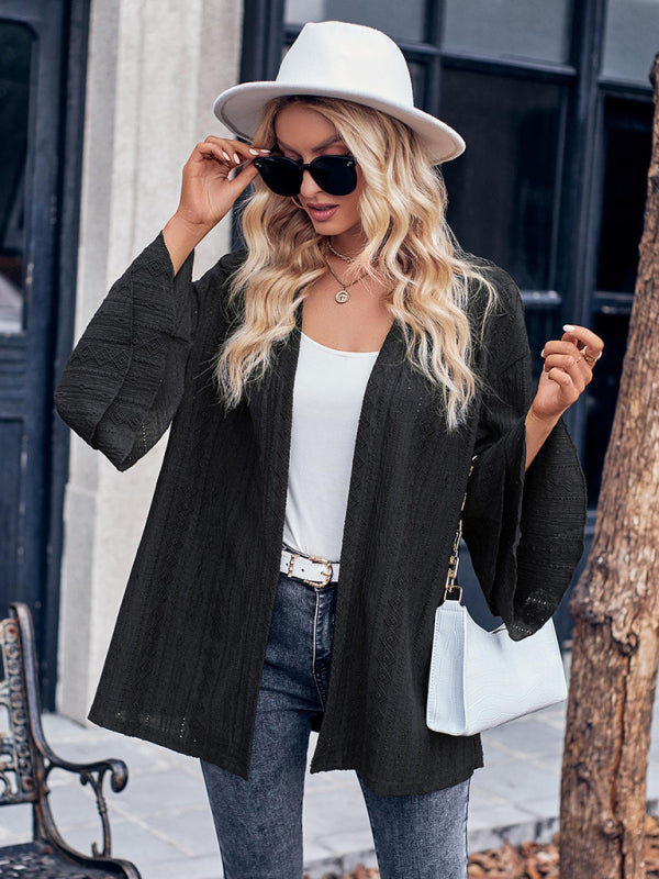 Solid Color Casual Bell Sleeve Knit Cardigan Top