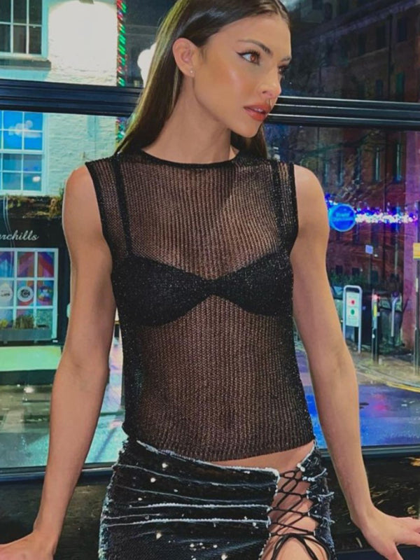 Fashion Round Neck shiny Skinny Sexy Glitter Tank Top