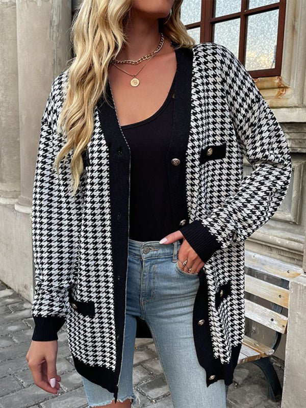 Women's Fashion Coat Long Sleeve Houndstooth Sweater Cardigan Mid Length - Blu Pepper Boutique