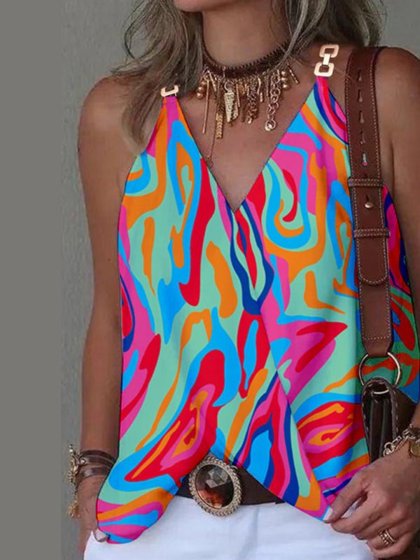 Simple V-neck Metal Buckle Printed Vest Top Women - Blu Pepper Boutique