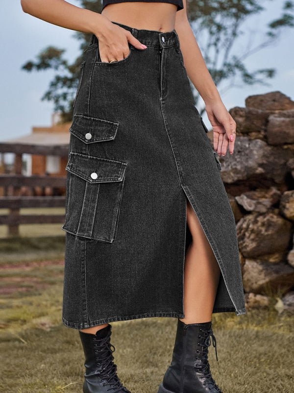 Elastic Waist Denim Cargo Casual Midi Skirt - Blu Pepper Boutique