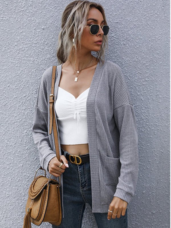 New casual women's basic long-sleeved solid color long sweater cardigan - Blu Pepper Boutique