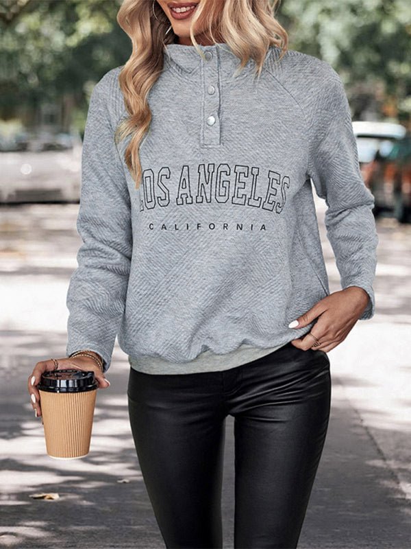 New Women's Long Sleeve Lettered Button Lapel Sweatshirt - Blu Pepper Boutique