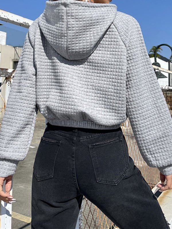 Loose pullover hooded long-sleeved patchwork waffle sweatshirt - Blu Pepper Boutique