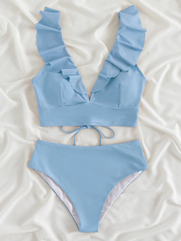 New women's lace V-neck ruffled high-waist split swimsuit bikini - Blu Pepper Boutique