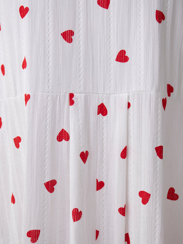 Women's New Red Love Print Spliced Long Lantern Sleeve Pure Cotton Swing Dress