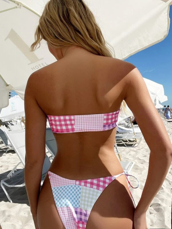 Women's hot spring resort plaid lace-up small fresh split swimsuit