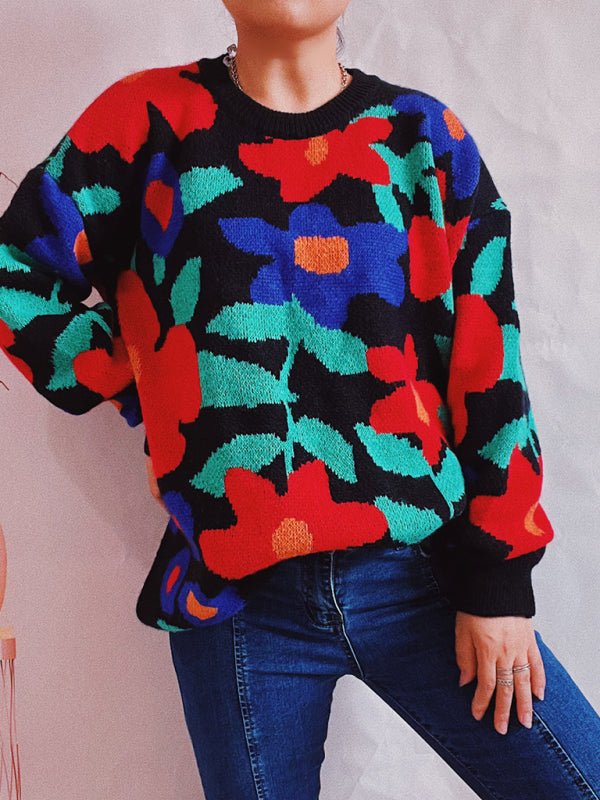 New large flower embroidered round neck loose long sleeve knitted sweater pullover - Blu Pepper Boutique