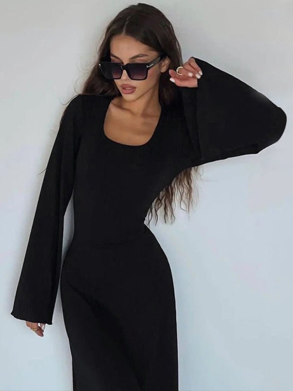 Feminine U-neck tie-back long-sleeved dress - Blu Pepper Boutique