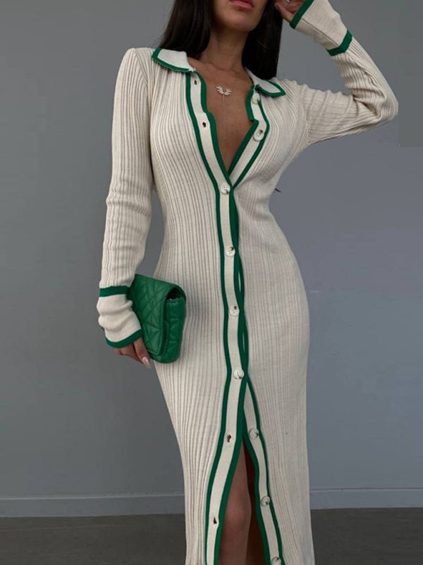New slim fit lapel patchwork women's long sleeve cardigan dress - Blu Pepper Boutique
