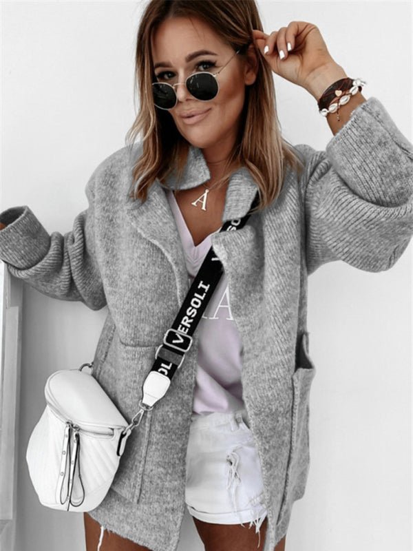 Women's suit collar large pockets loose knitted cardigan - Blu Pepper Boutique
