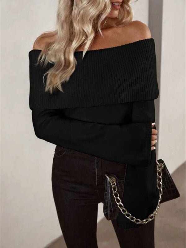 New style one-line collar slim fashion sexy knitted long-sleeved sweater - Blu Pepper Boutique
