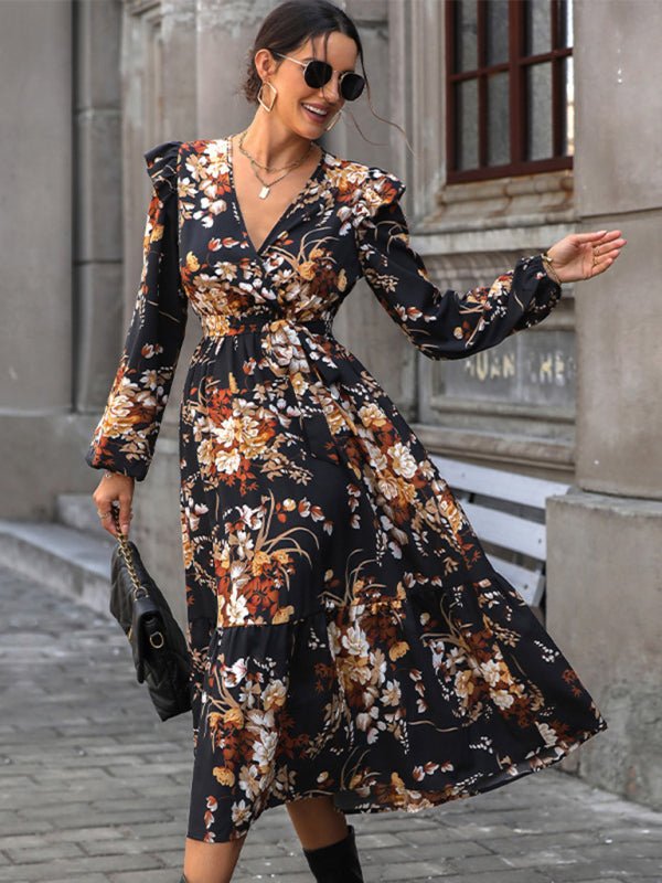 Women's Ruffle Belt Printed Autumn Dress - Blu Pepper Boutique