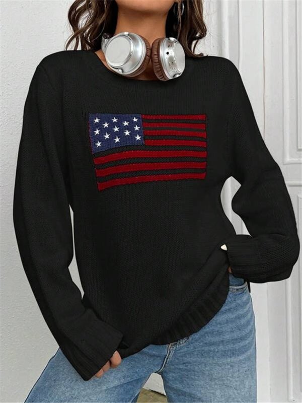 New loose round neck flag pattern simple and versatile knitted sweater - Blu Pepper Boutique