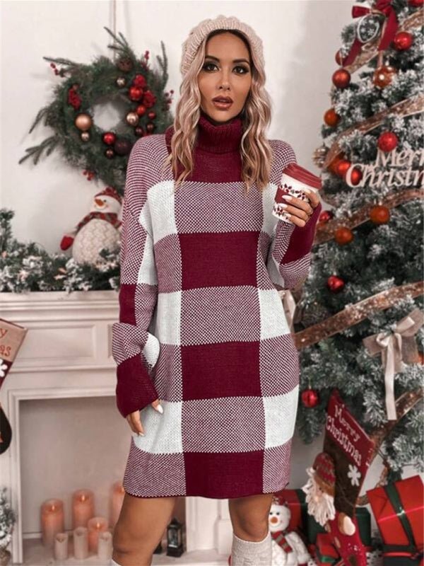 Christmas turtleneck loose slimming plaid contrast sweater dress - Blu Pepper Boutique
