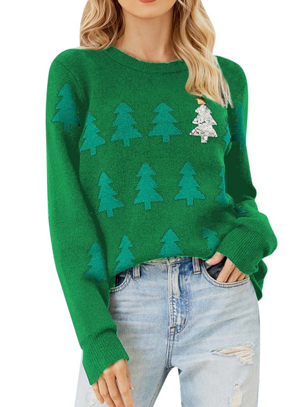 New Christmas tree jacquard Christmas casual pullover knitted sweater - Blu Pepper Boutique
