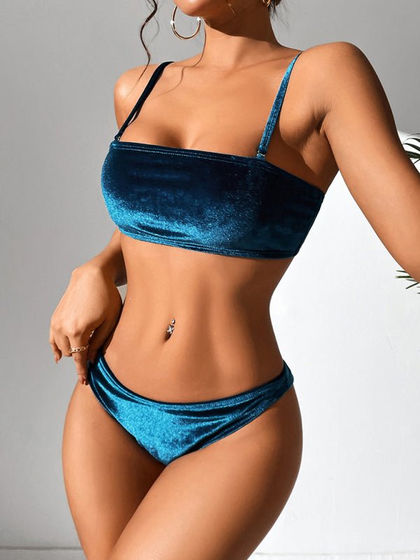 Women's split gold velvet sexy high waist bikini - Blu Pepper Boutique