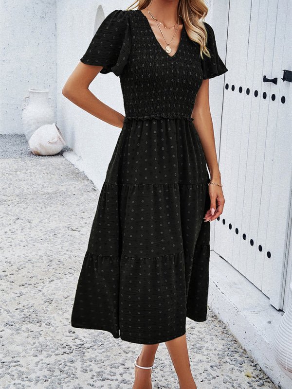 Women's casual solid color V-neck polka dot short-sleeved dress - Blu Pepper Boutique
