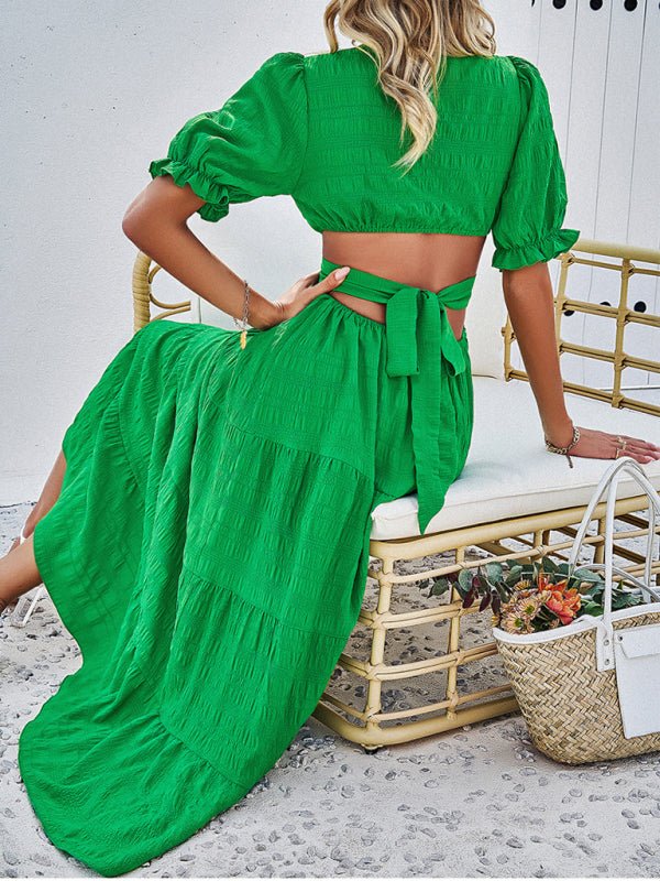 Feminine V-neck backless waist dress - Blu Pepper Boutique