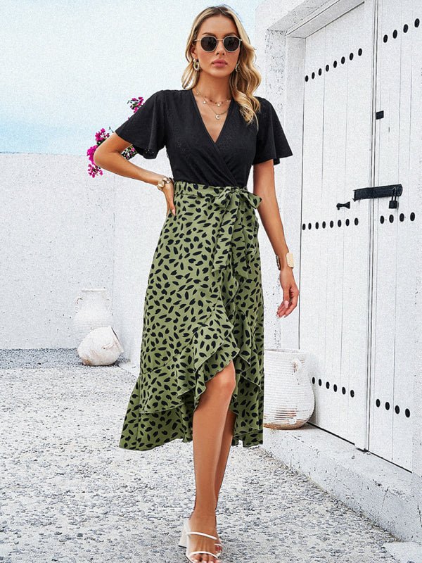 Feminine contrast V-neck belted ruffle dress - Blu Pepper Boutique