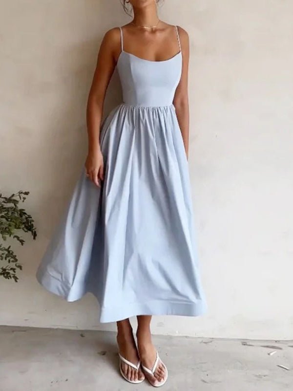 Women's sexy U-neck waist pleated suspender dress - Blu Pepper Boutique
