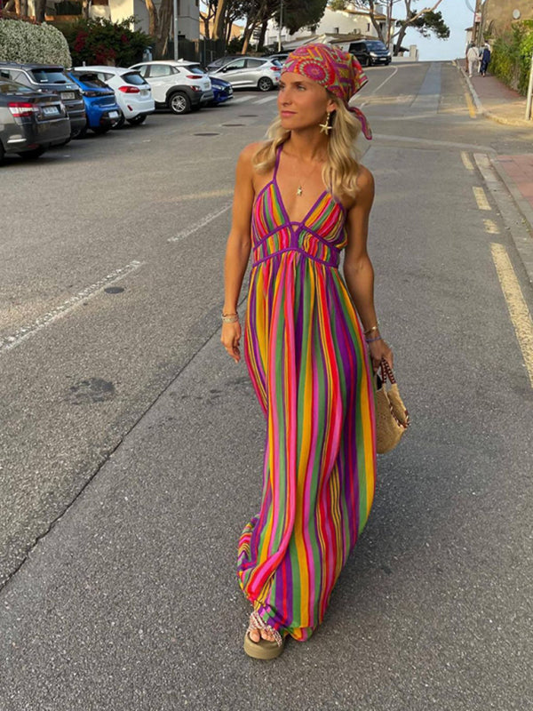 Women's rainbow striped V-neck sleeveless beach dress