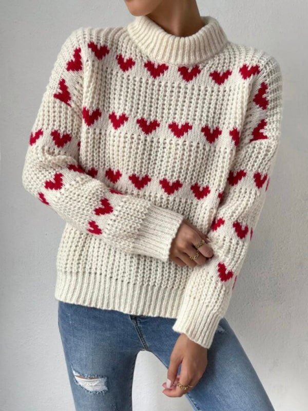 Women's fashion new loose love jacquard pullover sweater - Blu Pepper Boutique