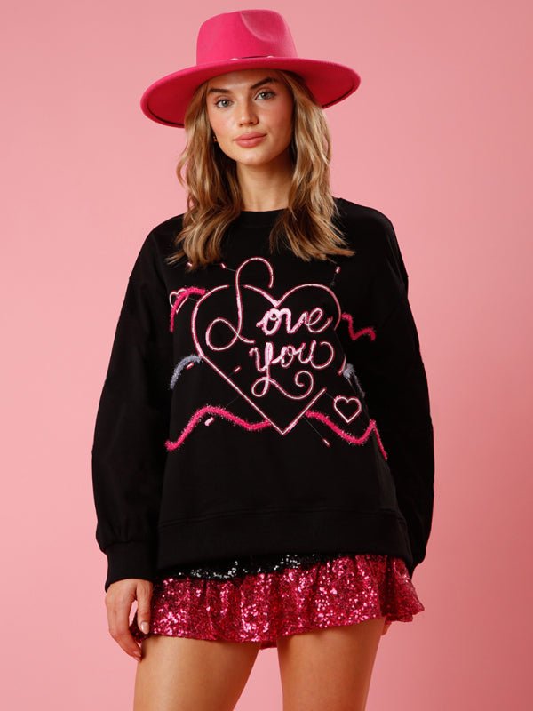 Women's love sequin sequin round neck pullover sweatshirt - Blu Pepper Boutique