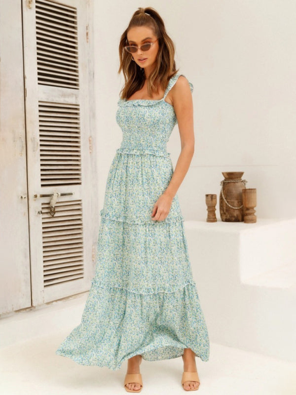 Women's new small floral print fresh and sweet bust-wrapped dress