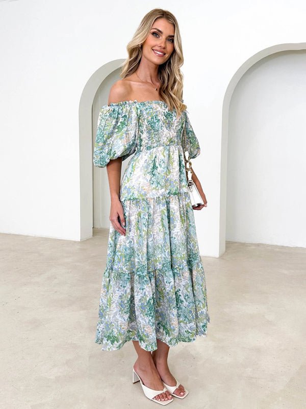 Women's Resort Style Puff Sleeve Printed French Cake Dress - Blu Pepper Boutique