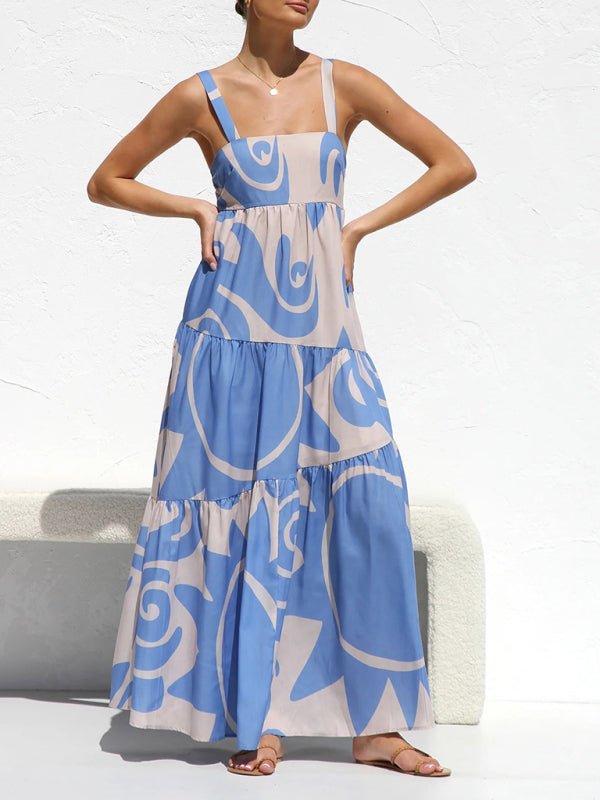 Women's simple printed fashion suspender dress with large skirt - Blu Pepper Boutique