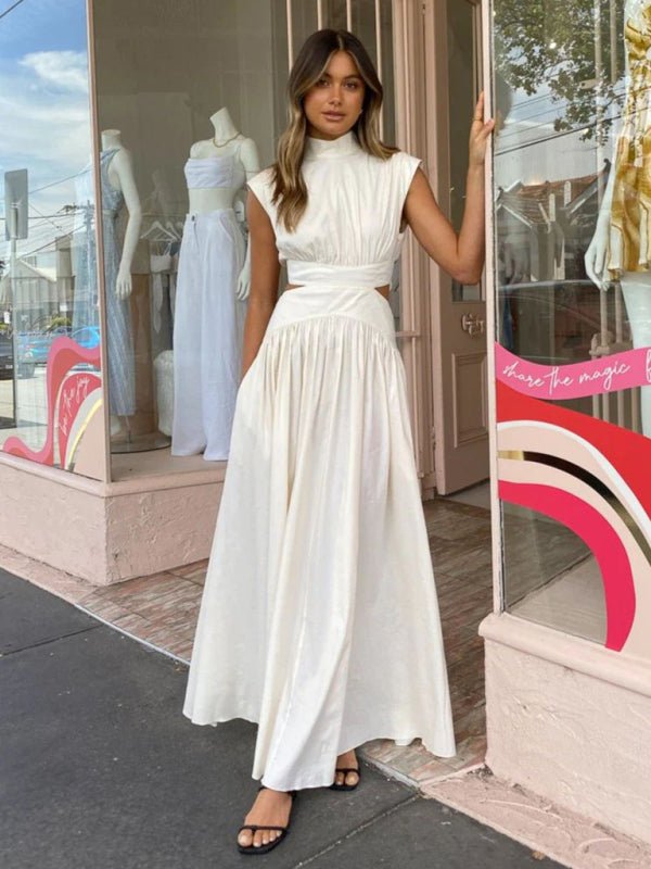 New solid color empty waist sexy exposed waist pleated large skirt dress - Blu Pepper Boutique