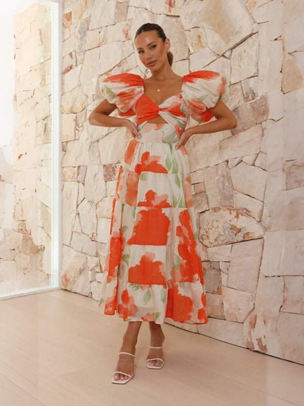 Women's Slim Fit Printed Puff Sleeve Swing Dress - Blu Pepper Boutique