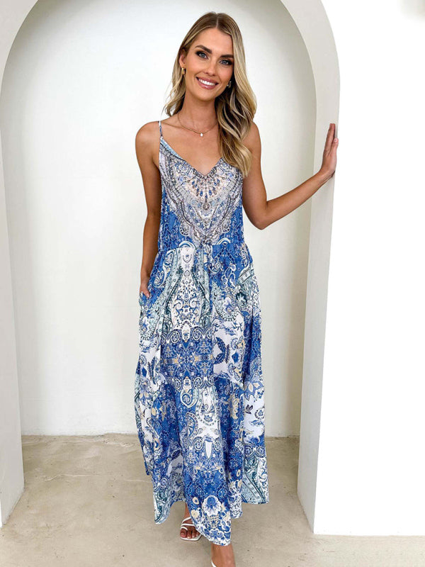 Women's V-neck sexy printed suspender long dress
