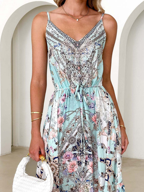 Women's V-neck sexy printed suspender long dress