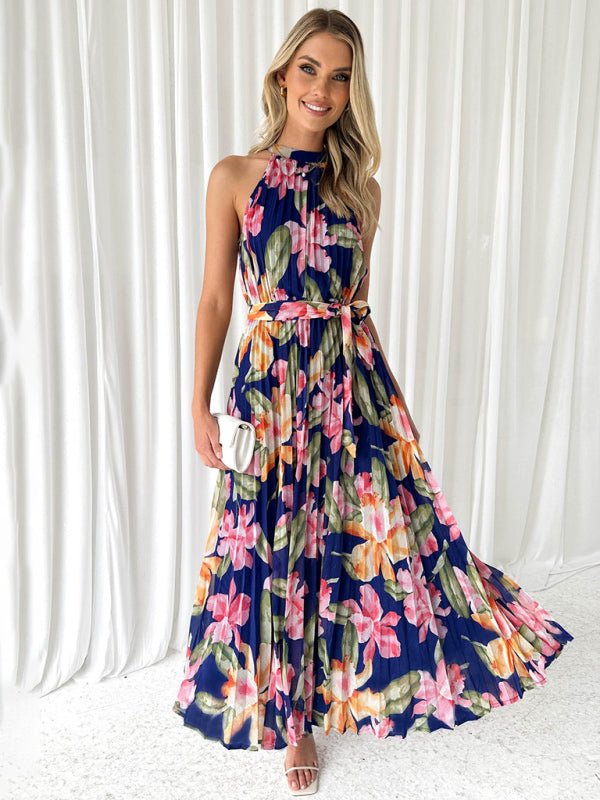 Women's Halterneck Sleeveless Printed Casual Vacation Swing Dress - Blu Pepper Boutique