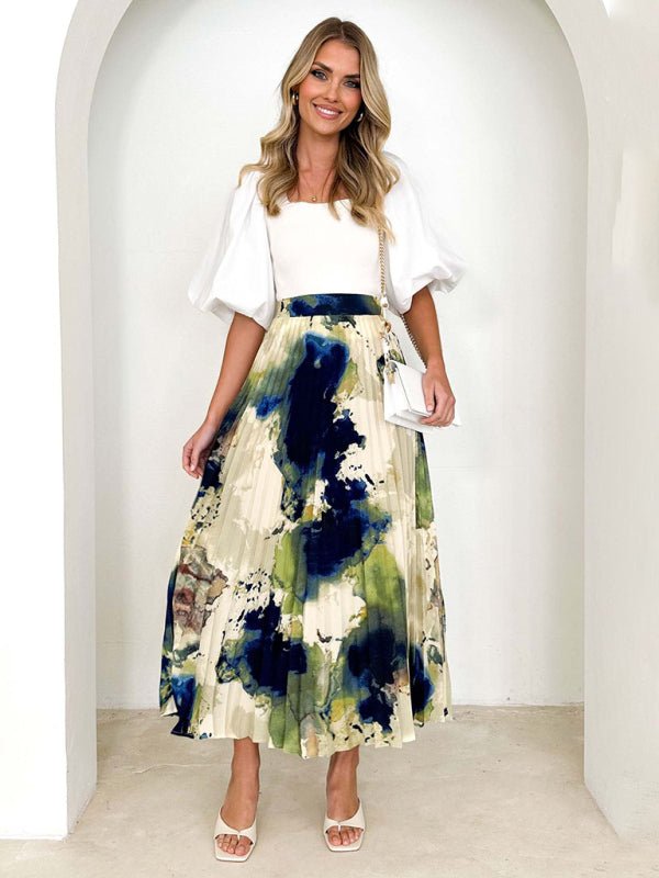 Women's printed draped A-line pleated skirt - Blu Pepper Boutique