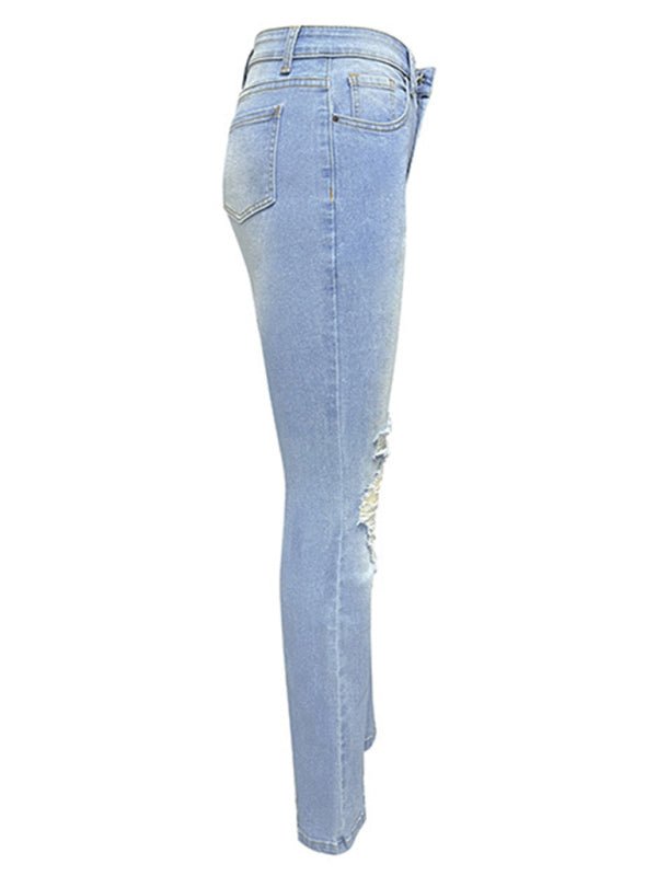 Women's washed ripped high-waisted denim wide-leg trousers - Blu Pepper Boutique