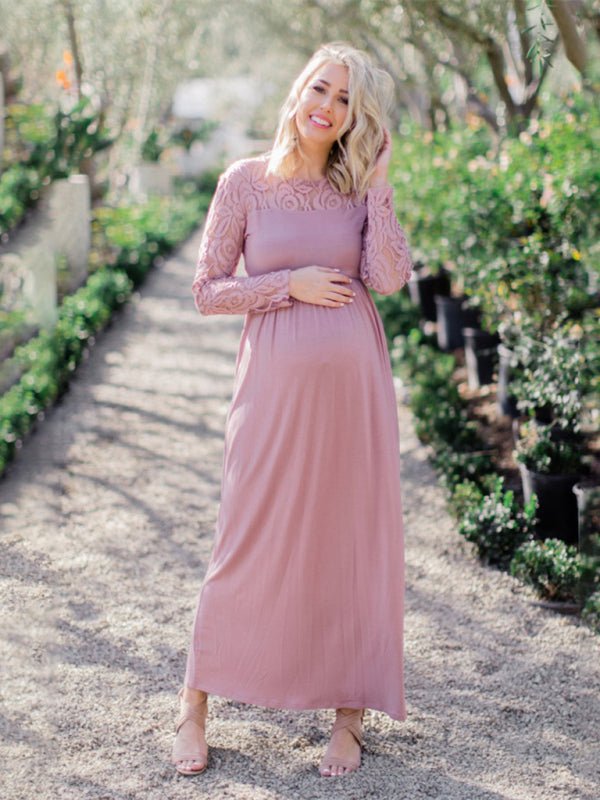 Women’s Lace Adorned Neckline And Long Sleeves Maxi Maternity Dress - Blu Pepper Boutique