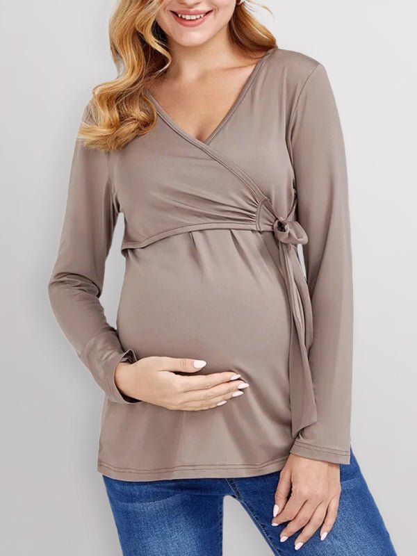 European and American solid color nursing V-neck long-sleeved maternity dress - Blu Pepper Boutique
