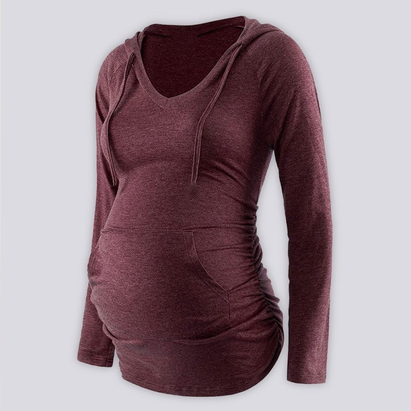 Maternity solid color hooded pocket long-sleeved T-shirt - Blu Pepper Boutique