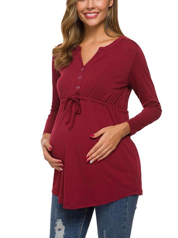 Maternity solid color drawstring button half cardigan long-sleeve T-shirt - Blu Pepper Boutique