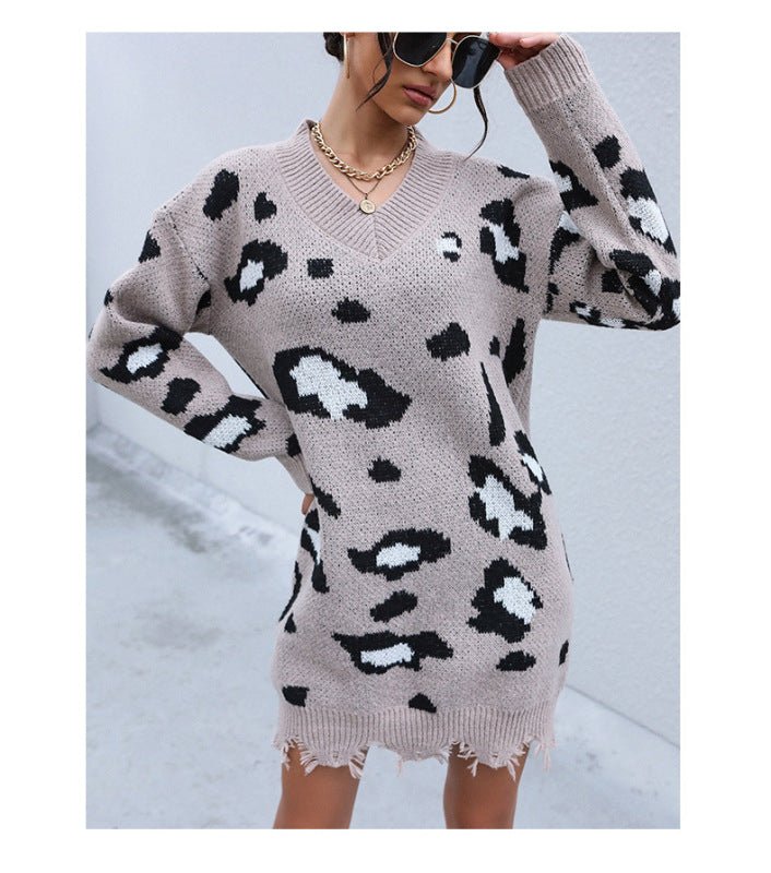Knit Long Sleeve V-Neck Shabby Leopard Sweater Dress - Blu Pepper Boutique