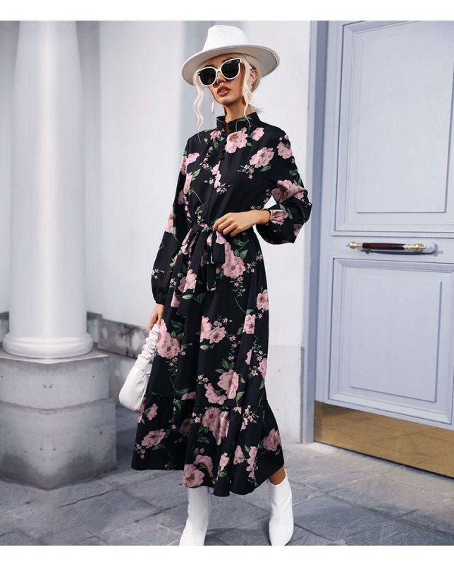 Printed long sleeve semi -collar long skirt dress autumn and winter - Blu Pepper Boutique