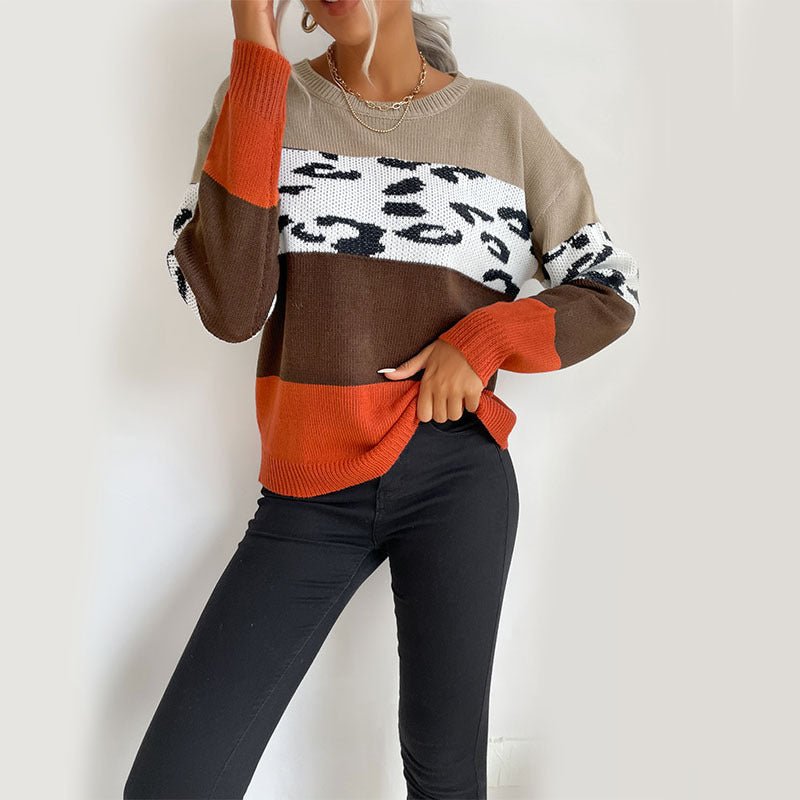 Top Leopard Print Colorblock Long Sleeve Sweater - Blu Pepper Boutique