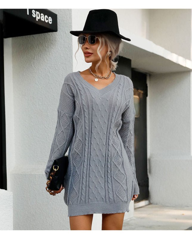Casual Solid Color Long Sleeve V-Neck Grey Sweater Dress - Blu Pepper Boutique