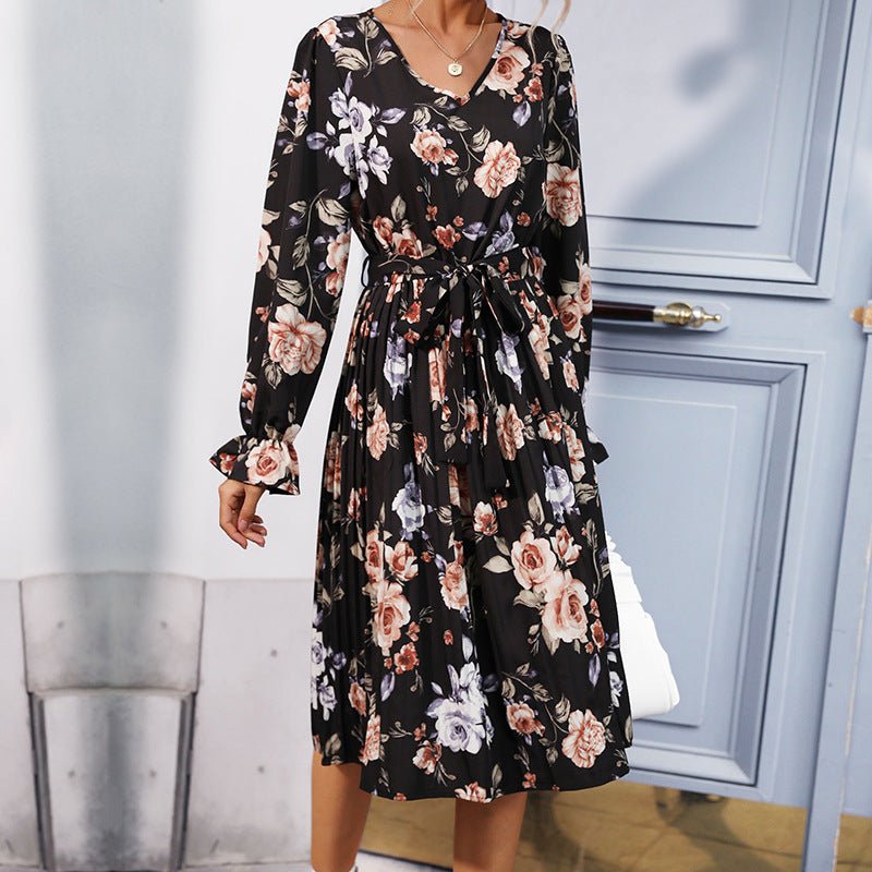 Women's printed long -sleeved dress pleated skirt in the long style - Blu Pepper Boutique