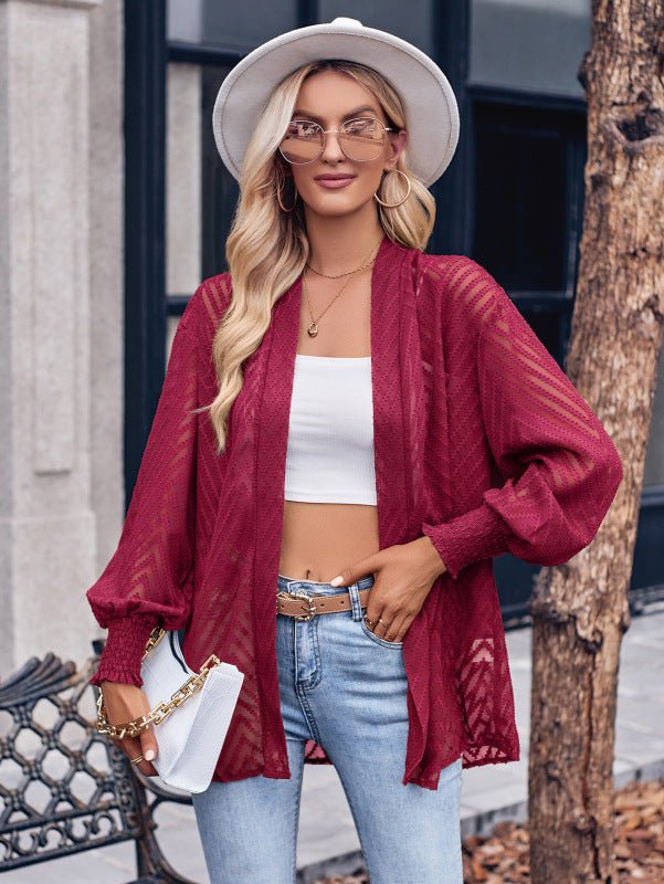 Women's casual solid color loose jacquard cardigan top - Blu Pepper Boutique